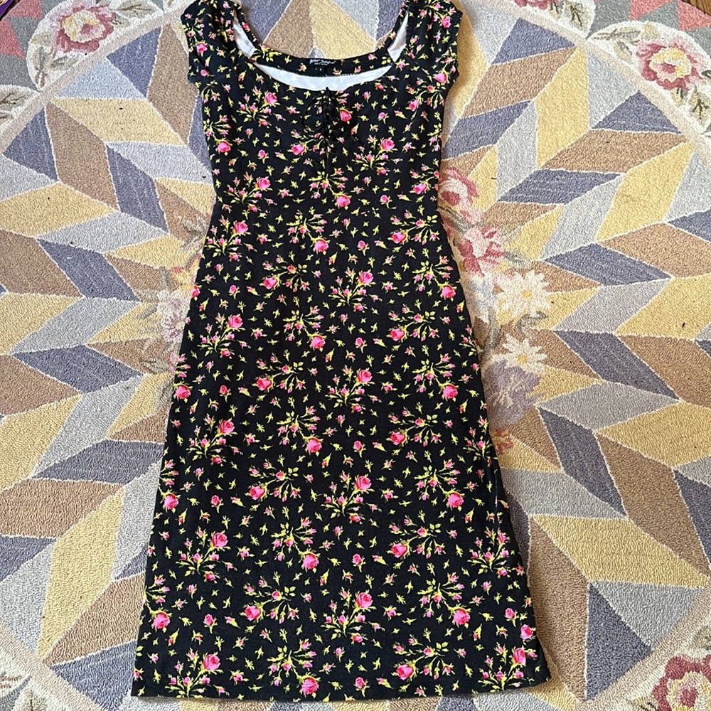 VINTAGE BETSEY JOHNSON COTTON BODYCON ROSES MILKMAID MIDI DRESS - Picture 1 of 11